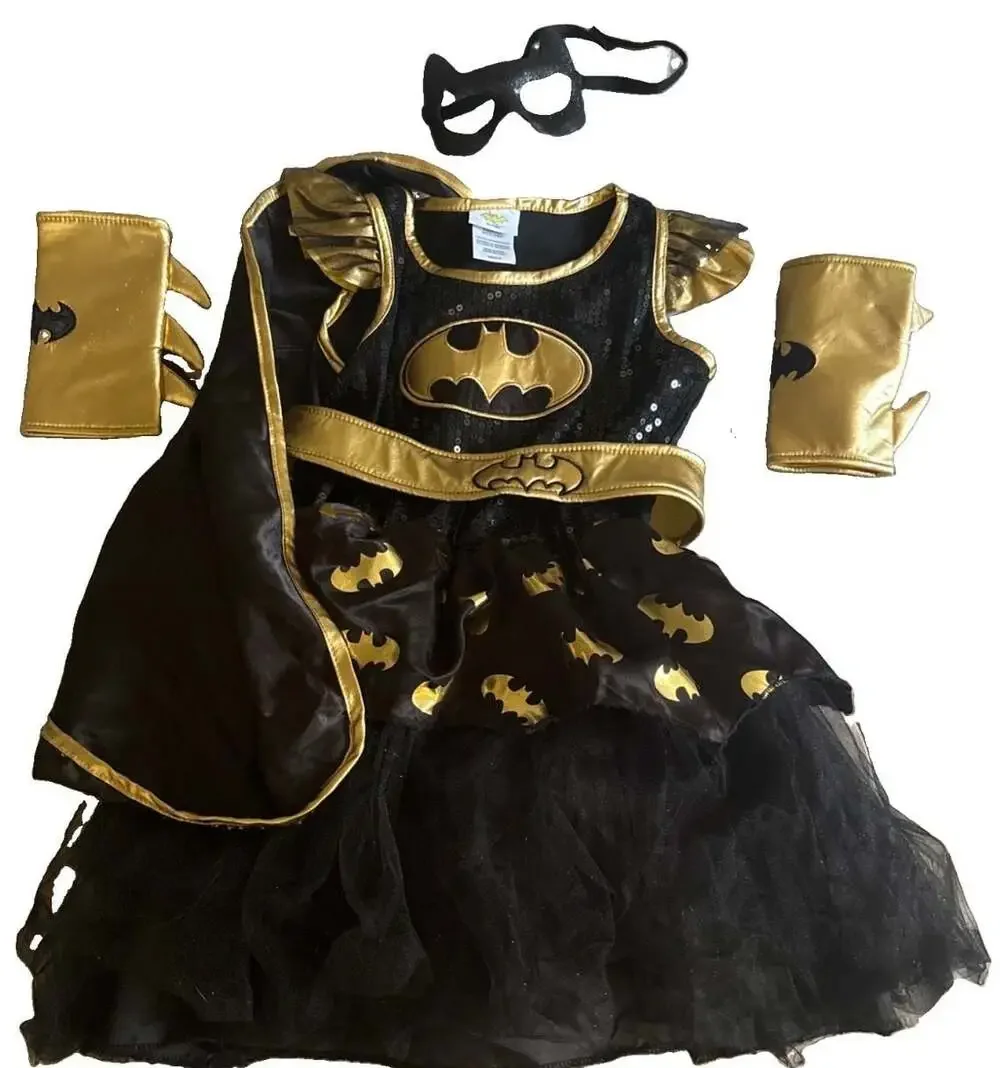 Batgirl Girls Medium Black Gold Deluxe Costume Dress Cape Mask